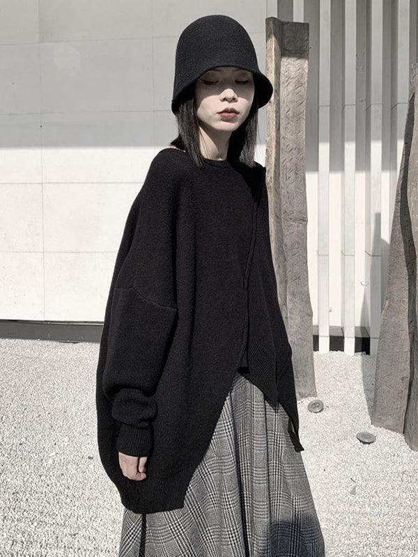 flowersverse Original Loose Batwing Sleeves Solid Color Round-Neck Sweater Tops