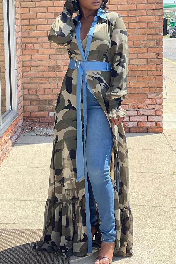 flowersverse Camouflage Patchwork Shirt Collar Maxi Dress