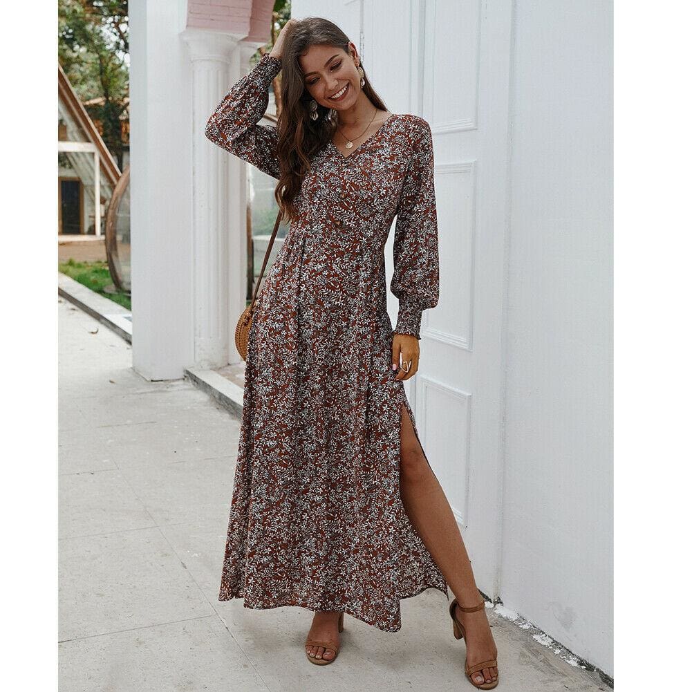flowersverse Women Ladies Long Lantern Sleeve Autumn Dress Floral Autumn Pre-fall Holiday Buttons Maxi Dress
