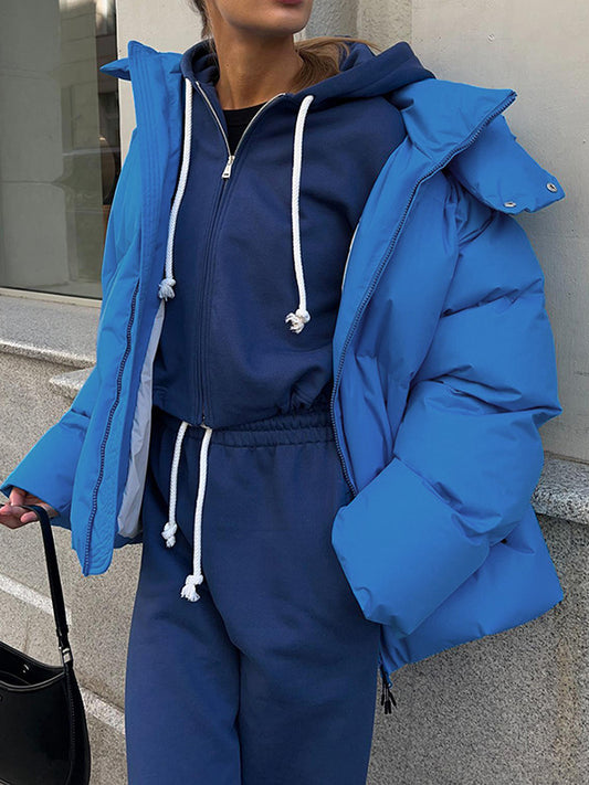 flowersverse Solid Color Split-Joint Long Sleeves Loose Hooded Padded Coat