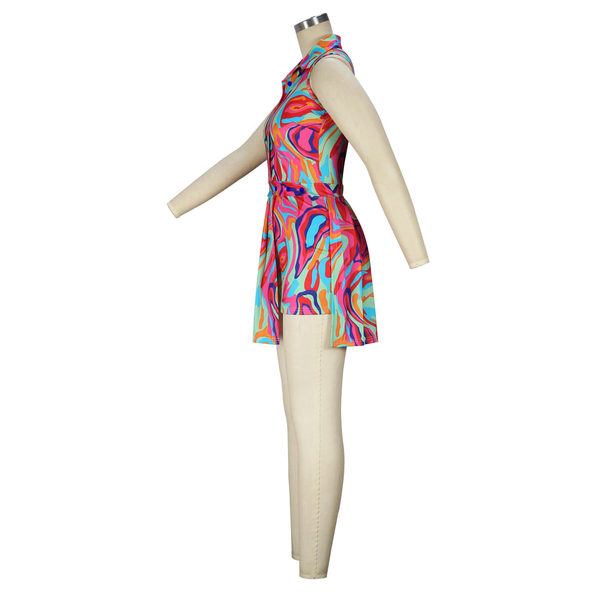 flowersverse Women's Sleeveless Sexy Turndown Collar Button Fashion Print Dress