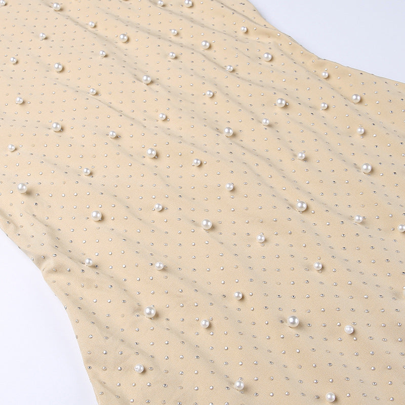 flowersverse Half-High Collar Mesh Beaded Slim Sexy Bodycon Dress