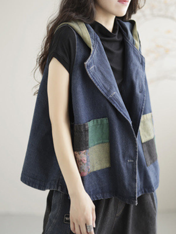 flowersverse Artistic Retro Loose Denim Sleeveless Buttoned Contrast Color Hooded Vest Outerwear