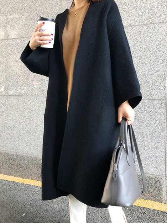 flowersverse Solid Color Long Sleeves Loose Collarless Woolen Coat
