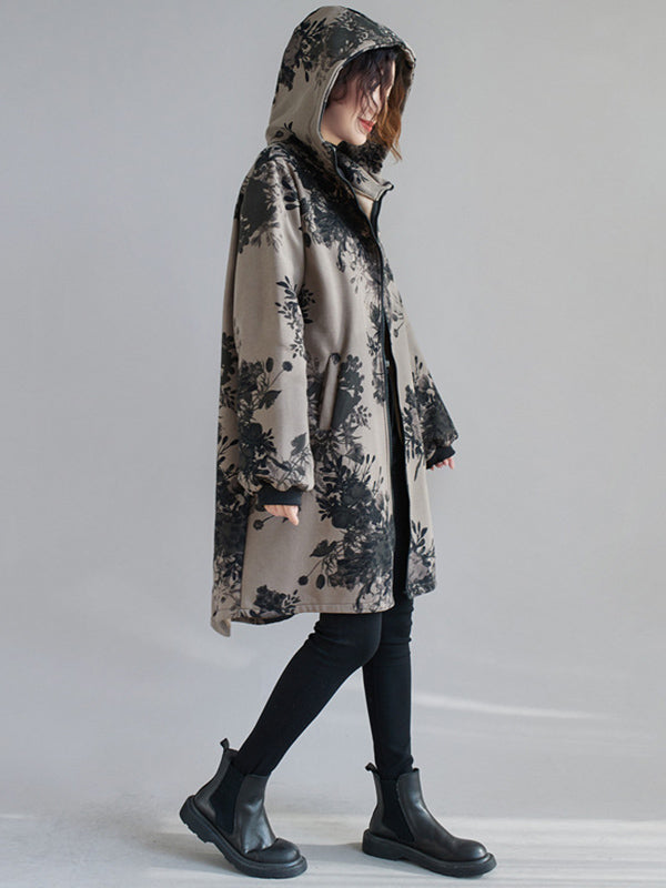 flowersverse Artistic Retro Loose Floral Printed Hooded Long Sleeves Outwear