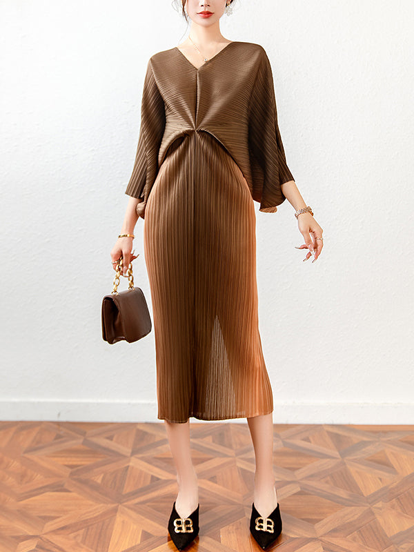 flowersverse Fashion Loose Batwing Sleeves Gradient Pleated Midi Dress
