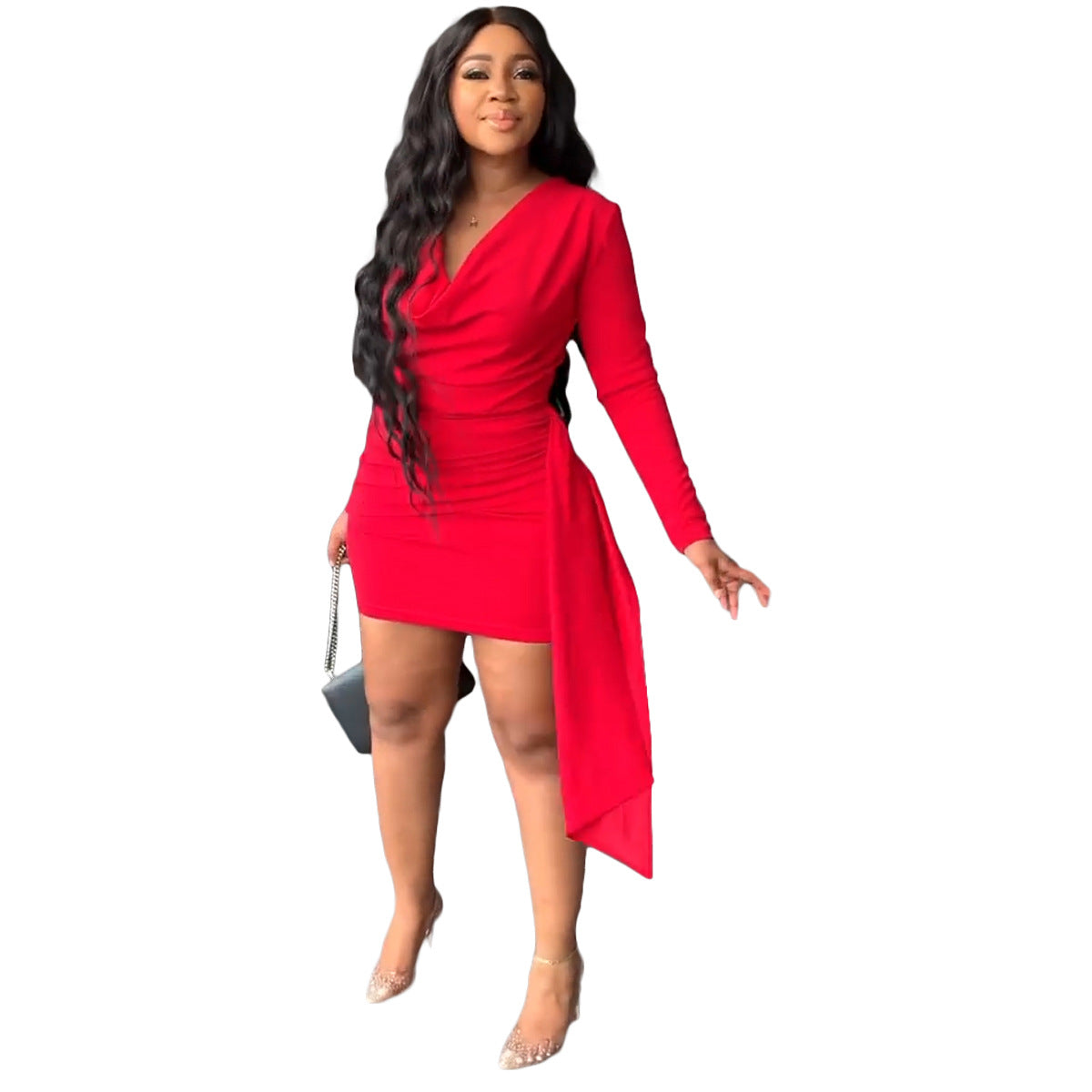 flowersverse Women's Fashion Casual Long Sleeve Basic Model V-neck Solid Color Irregular Dress