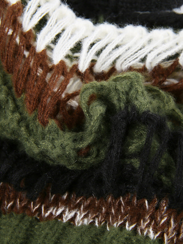 flowersverse Drawstring Hollow Split-Joint Long Sleeves Loose Round-Neck Sweater Tops