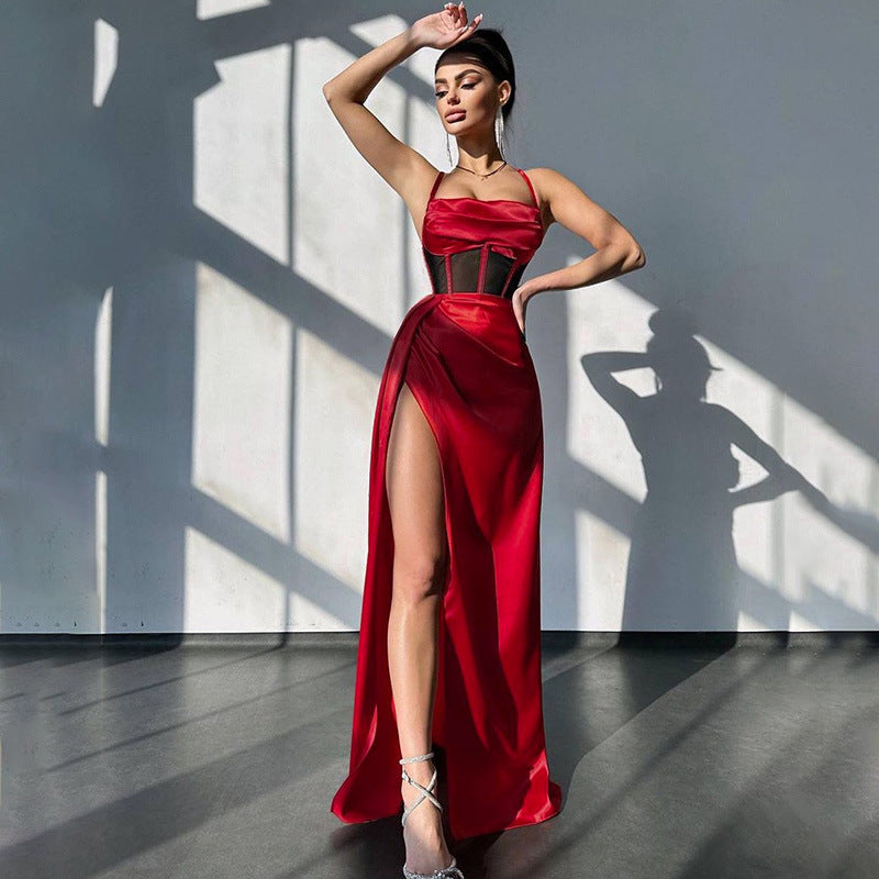 flowersverse Women Sexy Strapless Backless Strap Mesh Patchwork Slit Evening Dress