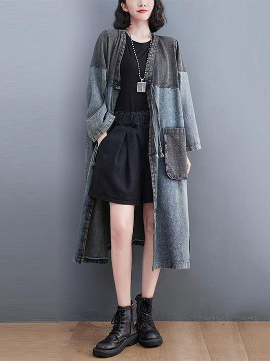flowersverse Artistic Retro Denim Long Sleeves Loose Tied Split-Joint Trench Outerwear