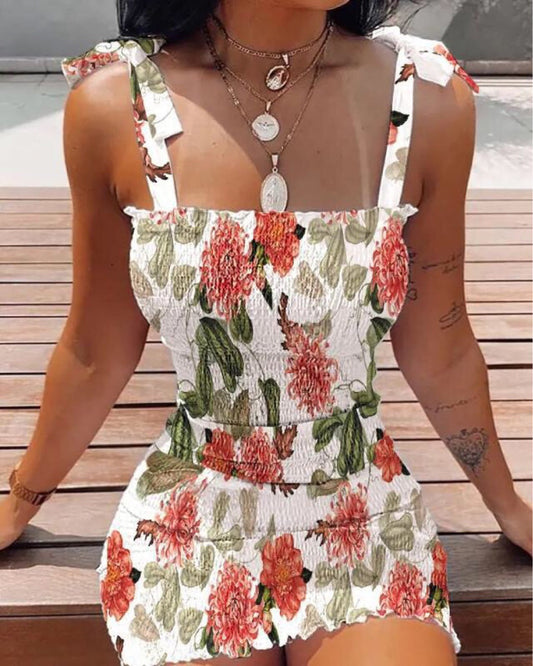 flowersverse Floral Print Off-neck Tube Top Polyester Fiber Cinched Waist Tight Dress