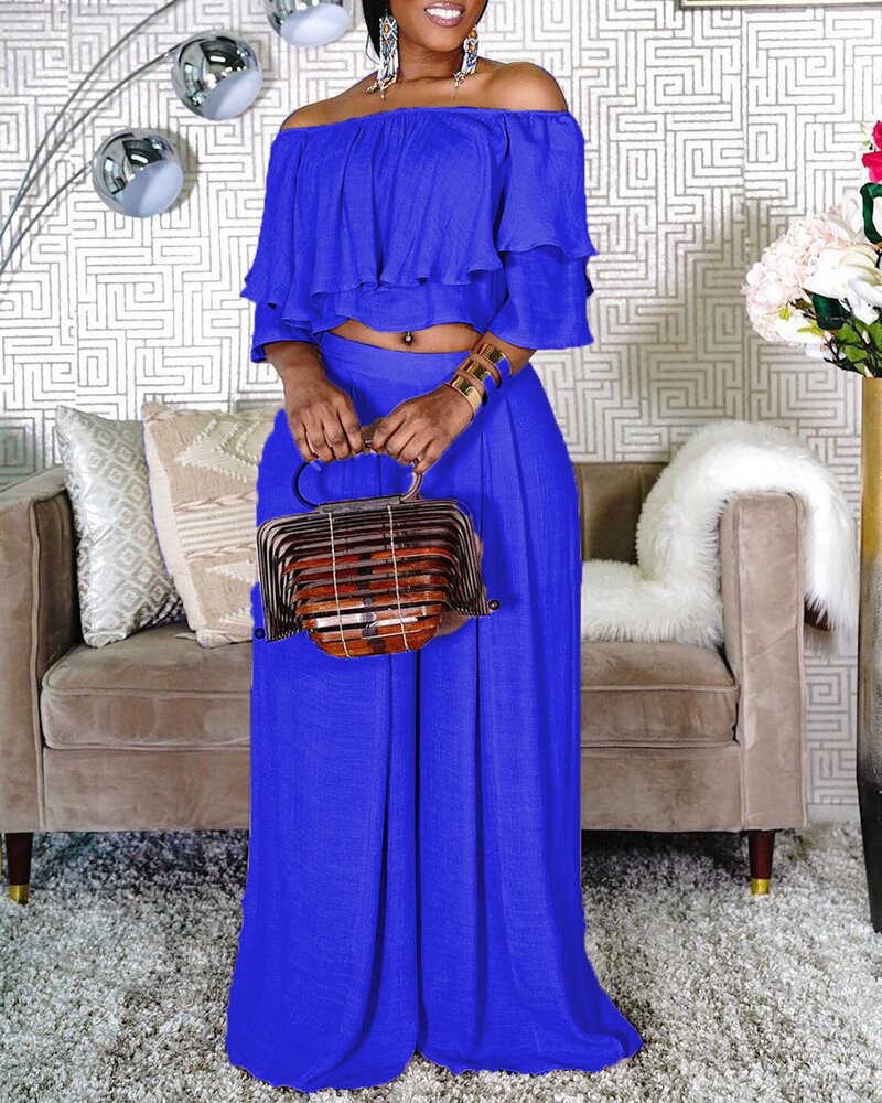 flowersverse Sexy Off Shoulder Ruffle Plus Size Crop Pant Leg Library Women's Suits