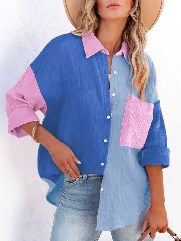 flowersverse Casual Long Sleeves Contrast Color Split-Joint Lapel Blouses