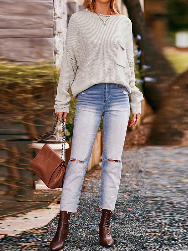 flowersverse Hollow Pockets Solid Color Batwing Sleeves Long Sleeves Round-Neck Sweater Tops Pullovers Knitwear