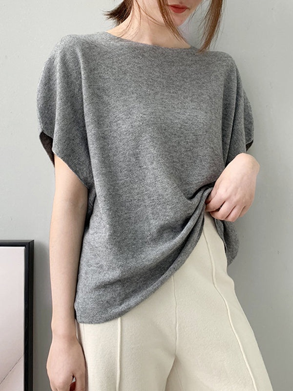 flowersverse Solid Color Half Sleeves Loose Off-The-Shoulder Sweater Tops Pullovers Knitwear
