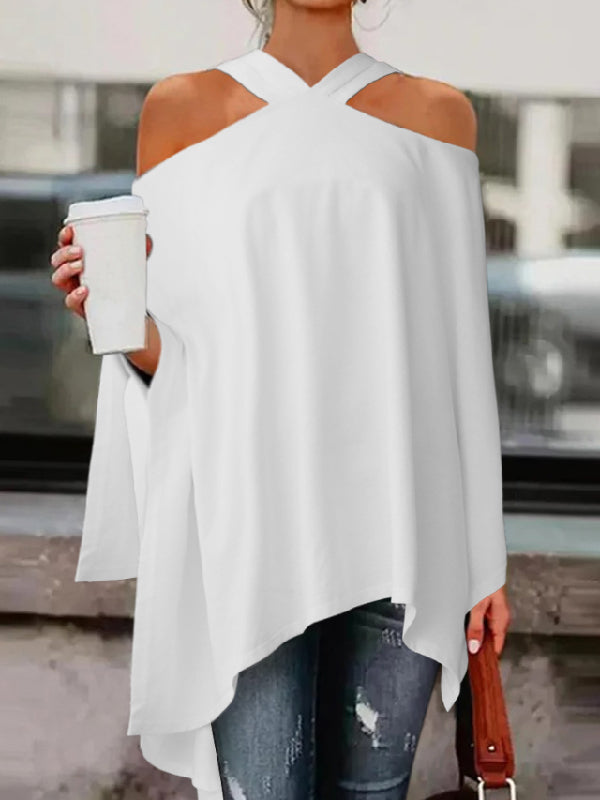flowersverse Casual High-Low Hollow Solid Color Blouses&Shirts Tops