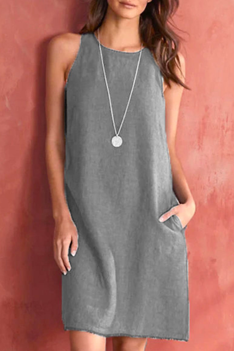 flowersverse Casual Basis Solid Solid Color O Neck Vest Dress Dresses(5 Colors)
