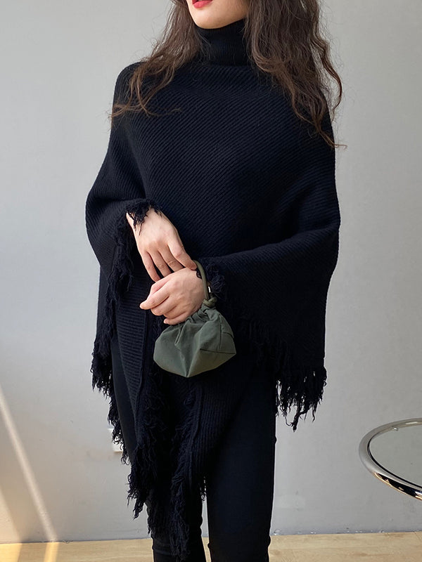 flowersverse Casual Loose Tasseled Solid Color High-Neck Sweater Tops