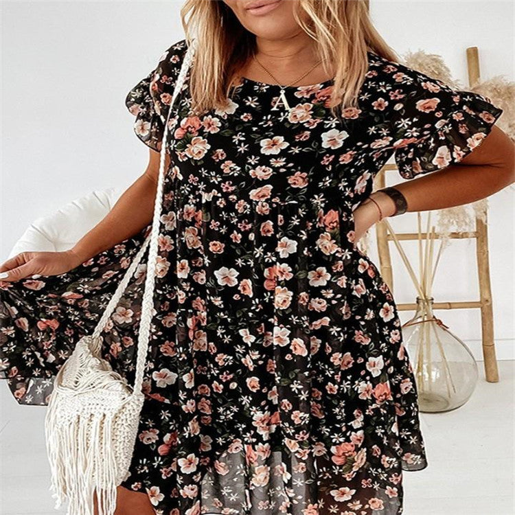 flowersverse Floral Print Short-sleeved Loose Dress