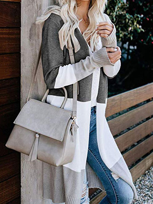 flowersverse Contrast Color Long Sleeves Loose V-Neck Cardigan Tops