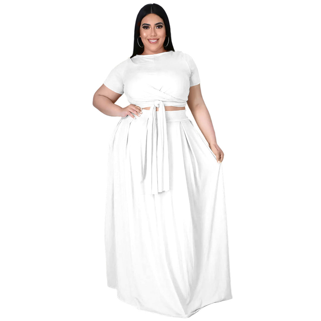 flowersverse Lady Fashion Plus Size Women Solid Color Cross Lace-up Large Swing Two-piece Skirt