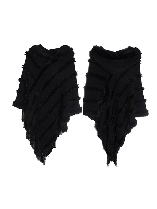 flowersverse Hooded Keep Warm Solid Color Tasseled Shawl&Cloak Cape