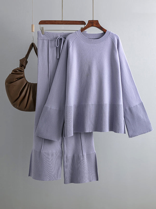 flowersverse Casual Long Sleeves Loose Solid Color Round-Neck Sweater Tops & Wide Leg Pants Two Pieces Set
