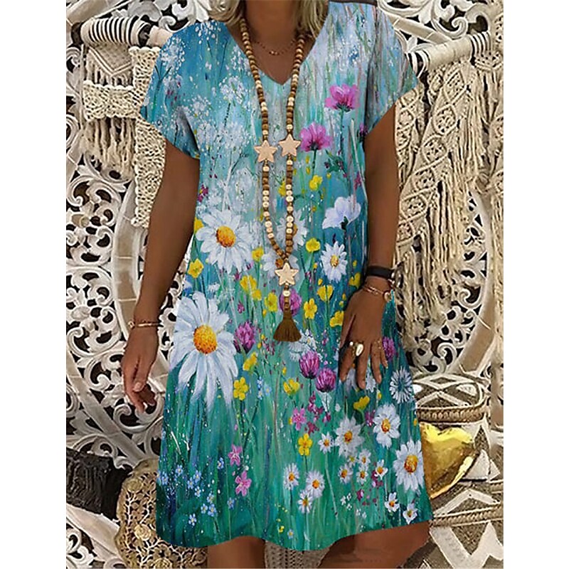 flowersverse Women‘s Shift Dress Midi Dress Green Short Sleeve Floral Print Spring Summer V Neck Casual S M L XL XXL 3XL