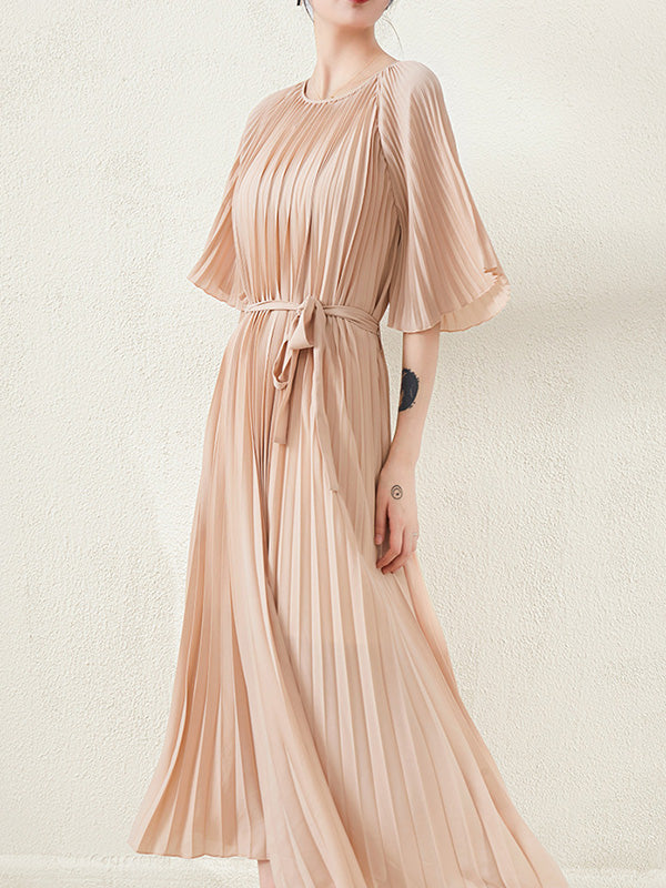 flowersverse Loose Pleated With Waistband Solid Color Round-Neck Maxi Dresses