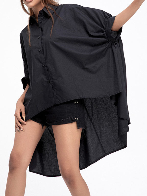 flowersverse Solid Color Batwing Sleeves High-Low Lapel Blouses&Shirts Tops