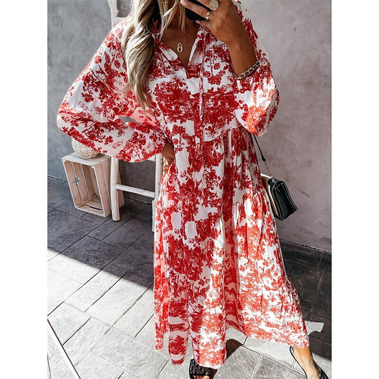 flowersverse Women's Long Dress Maxi Dress Casual Dress Swing Dress Print Dress Floral Fashion Casual Outdoor Daily Vacation Ruffle Print Long Sleeve Shirt Collar Dress Loose Fit Pink Red Blue Fall Spring S M L XL