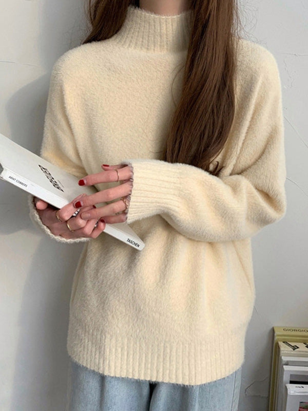 flowersverse Solid Color Long Sleeves Loose Mock Neck Sweater Tops Pullovers