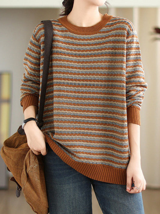 flowersverse Contrast Color Jacquard Velvet Long Sleeves Loose Round-Neck Sweater Tops Pullovers