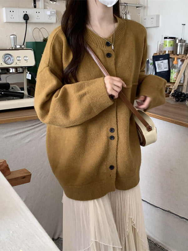 flowersverse Buttoned Long Sleeves Loose Round-neck Cardigan Tops