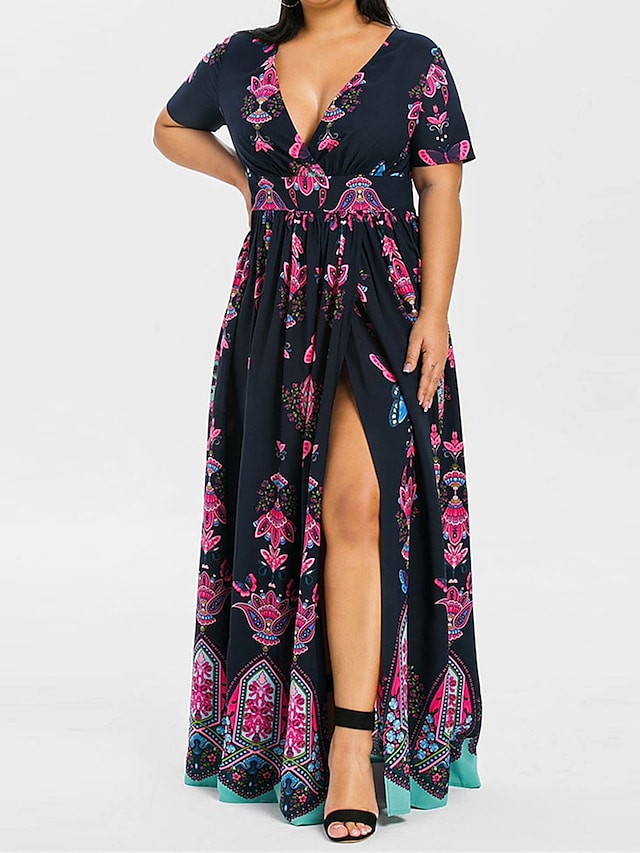 flowersverse Women's Plus Size Casual Dress A Line Dress Floral Butterfly Long Dress Maxi Dress Short Sleeve Split Print V Neck Basic Daily Black White Spring Summer XL XXL 3XL 4XL 5XL