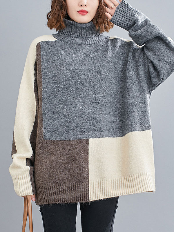 flowersverse Stylish Split-Joint High-Neck Knitting Sweater