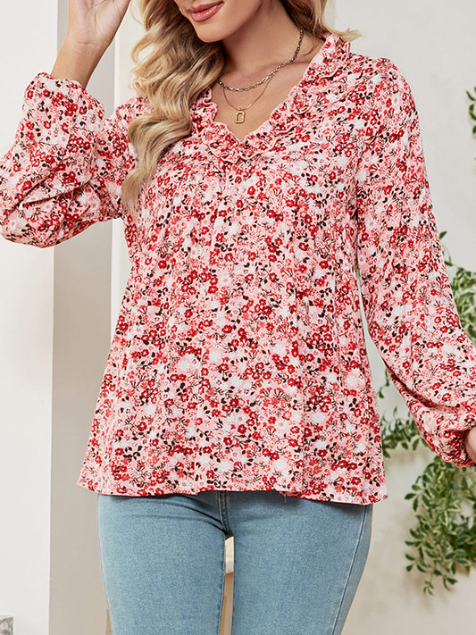 flowersverse Flower Print Ruffled Long Sleeves Loose V-neck Blouses&shirts Tops