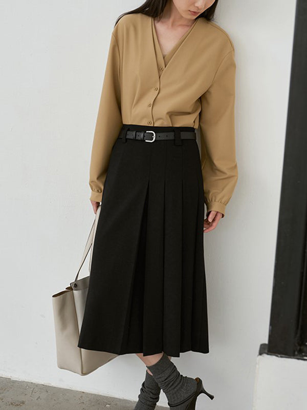 flowersverse Buttoned Solid Color False Two Long Sleeves V-Neck Blouses&Shirts Tops
