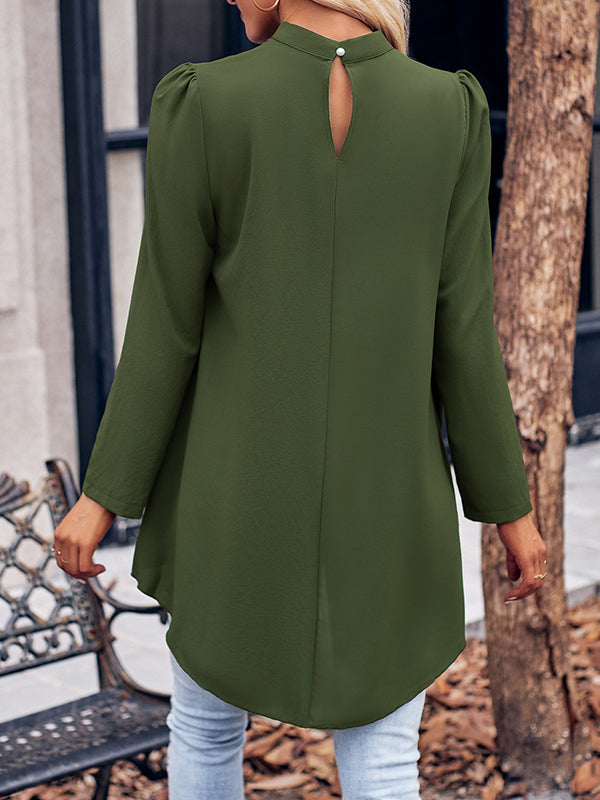 flowersverse Solid Color Split-Joint False Two High-Low Mock Neck Blouses&Shirts Tops