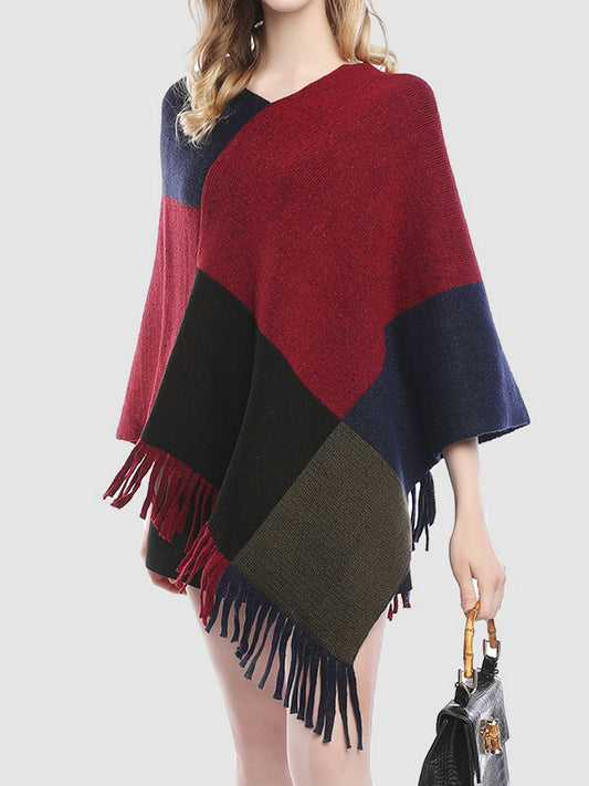 flowersverse Asymmetric Color-Block Tasseled Loose V-Neck Shawl&Cloak Cape