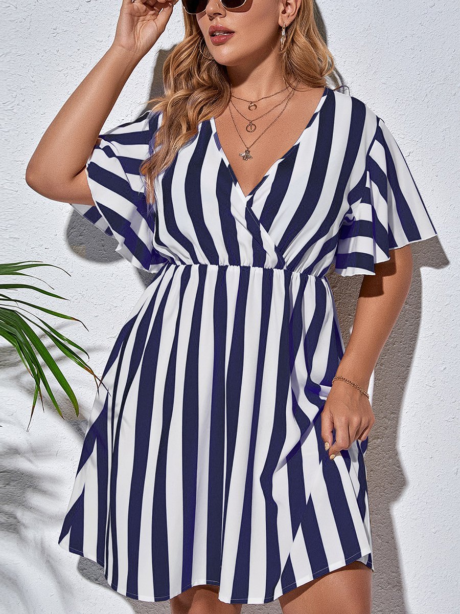 flowersverse Holiday Short Sleeve V Neck A-line Weaving Dress