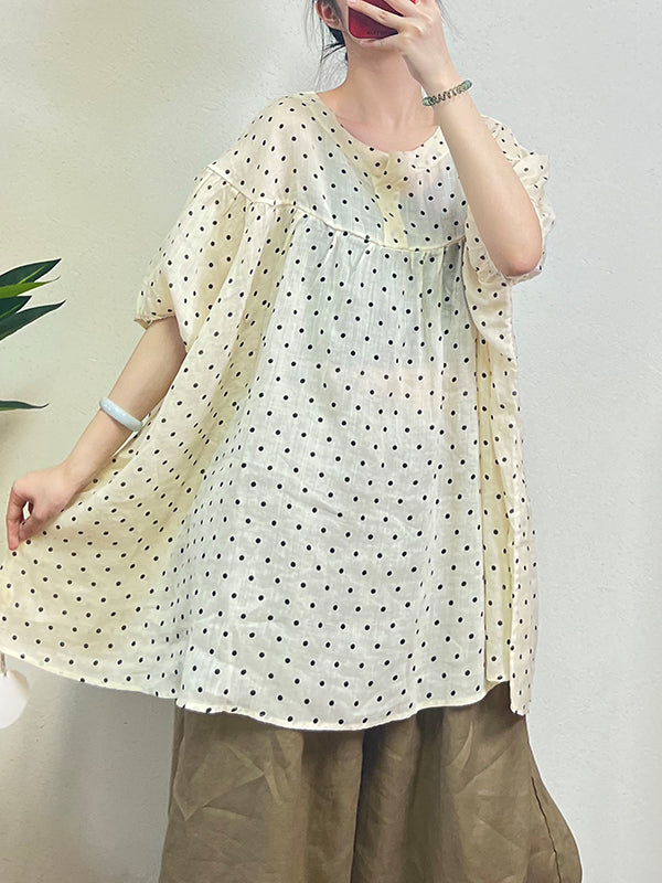 flowersverse Polka-Dot Split-Joint Half Sleeves Loose Round-neck Blouses&shirts Tops