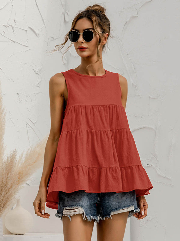 flowersverse Casual Loose Sleeveless Split-Joint Solid Color Round-Neck Vest Top