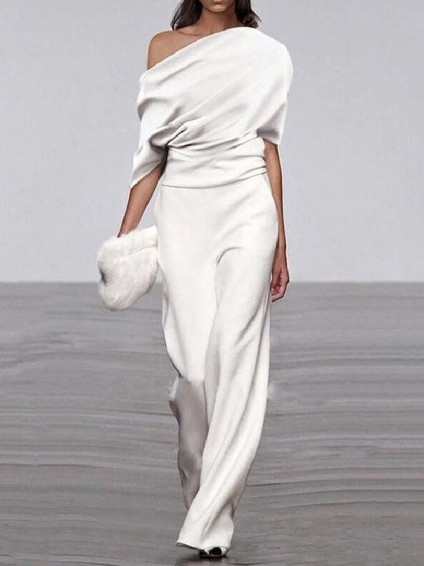 flowersverse Solid Color Short Sleeves One-Shoulder Top + Wide Leg Pants Two Pieces Set