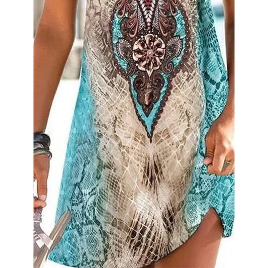 flowersverse Women's Cover Up Beach Dress Beach Wear Mini Dress Print Ethnic Casual Tribal Spaghetti Strap Sleeveless Loose Fit Outdoor Daily Green Spring Summer S M L XL