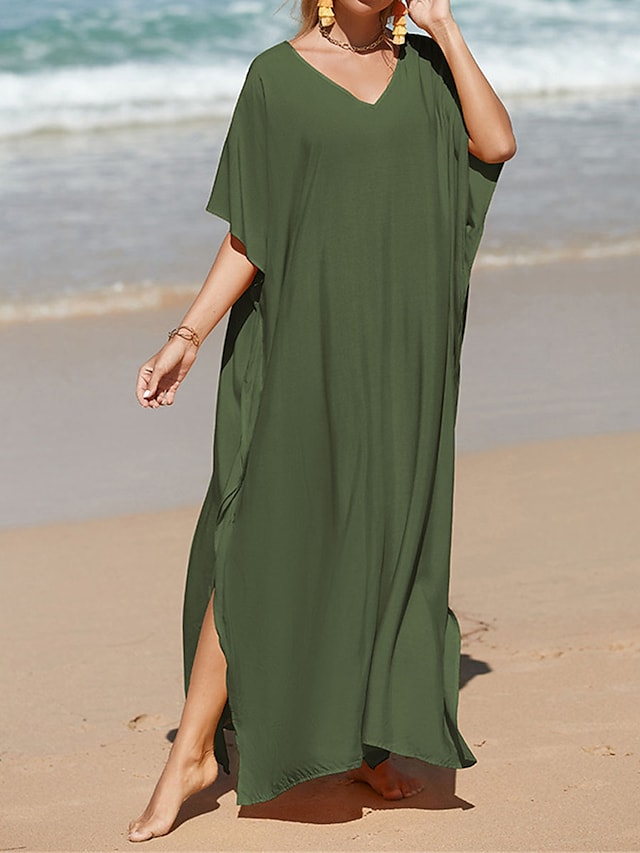 flowersverse Women's Cover Up Beach Dress Beach Wear Long Dress Maxi Dress Split Basic Casual Plain V Neck 3/4 Length Sleeve Loose Fit Outdoor Daily Black White Fall Spring One Size