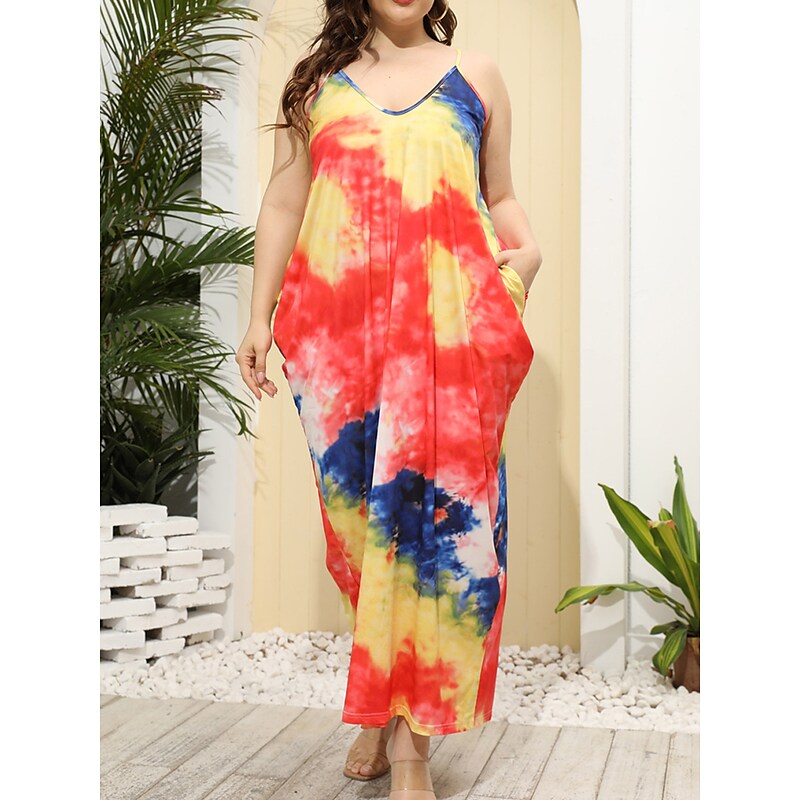 flowersverse Women's Plus Size Casual Dress Shift Dress Slip Dress Leaf Tie Dye Long Dress Maxi Dress Sleeveless Pocket Print Strap Fashion Daily Light Yellow White Spring Summer XL XXL 3XL