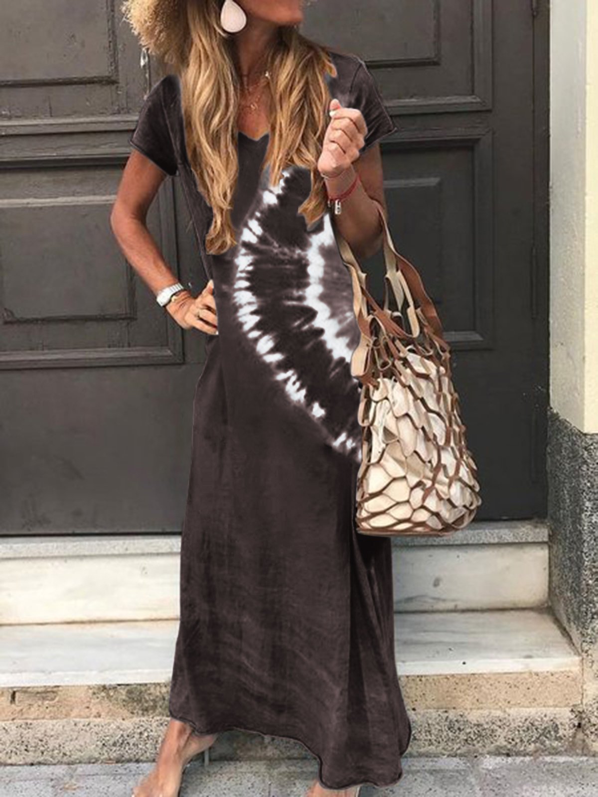 flowersverse Ombre/tie-Dye Short Sleeve Knitting Dress