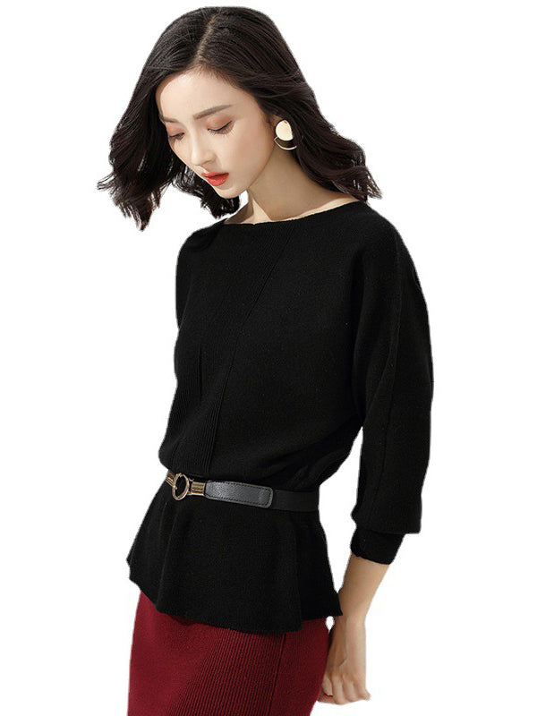 flowersverse Casual Long Sleeves Solid Color Boat Neck Tunic Sweater Tops