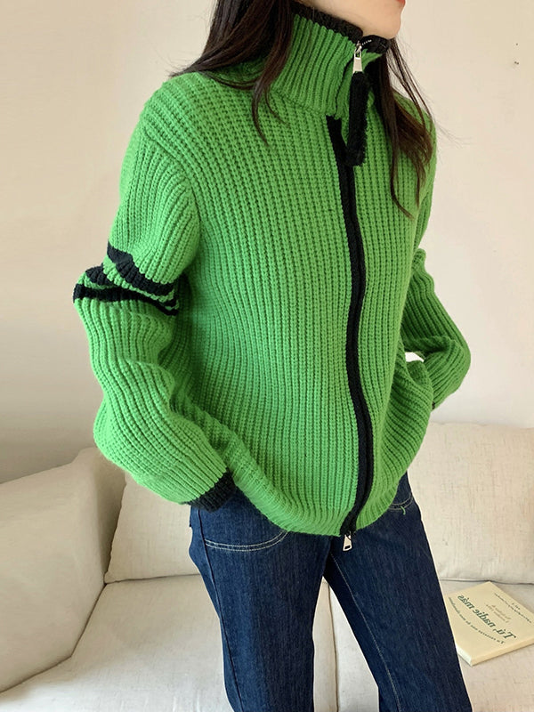 flowersverse Casual Contrast Color Zipper High-Neck Cardigan Tops